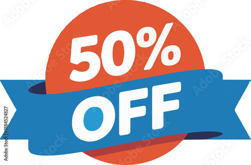 50% Off Special Sale Discount Tag with White Typography on an Orange Circle and Blue Ribbon Banner, Isolated Vector Illustration for Promotional Offers and Marketing on White Background