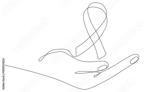 Single one line drawing ribbons form the cancer campaign symbol on both palms. Symbol of togetherness to strengthen National Cancer Survivors Day. Single line draw design vector illustration. 