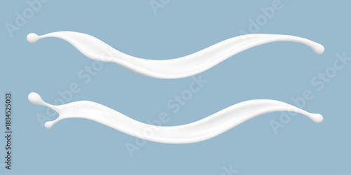 Milk splashes on blue background. Realistic dairy liquid. Vector illustration