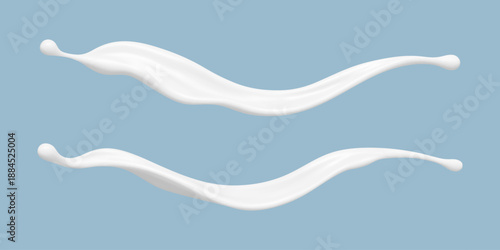 Milk splashes on blue background. Realistic dairy liquid. Vector illustration
