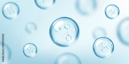Molecules inside bubbles on blue background. Cosmetic essence. Concept skin care cosmetics solution. Vector illustration