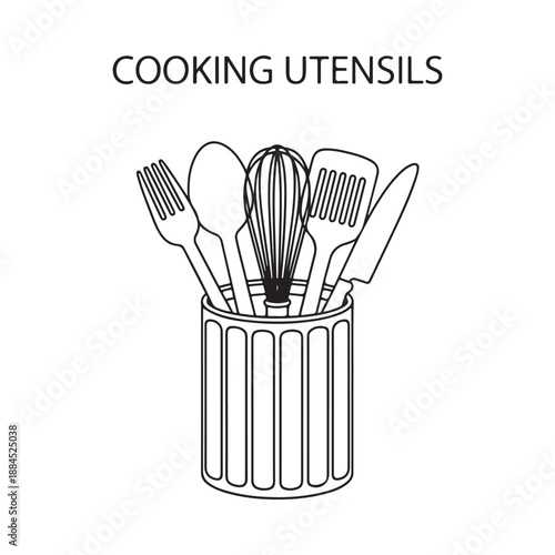 A simple black and white illustration of cooking utensils in a cylindrical container
