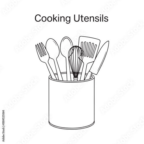A collection of kitchen cooking utensils arranged in a cylindrical container line art