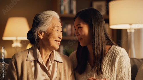 A moment of connection between East Asian women in an authentic setting with warm cinematic lighting.