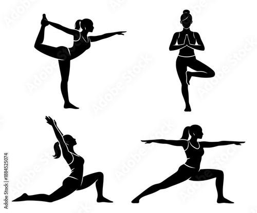 Graphic silhouette yoga poses set featuring women demonstrating four different yoga positions for health and fitness content