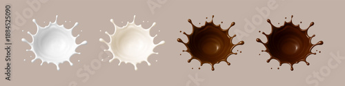Milk and chocolate splashes. Melted brown choco and milk splash with drops. Realistic vector illustration