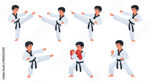 Cartoon illustration of six taekwondo boys in various kicking poses wearing white uniforms and black belts on a plain white background.