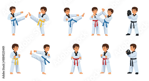 Cartoon boys in taekwondo poses with different colored belts on a white background, showcasing various martial arts techniques and stances.