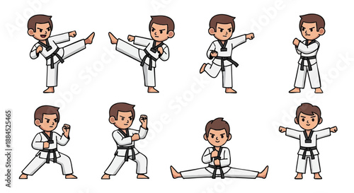 Eight cartoon boys in taekwondo uniforms performing various martial arts poses against a clean white background with a playful and dynamic mood.