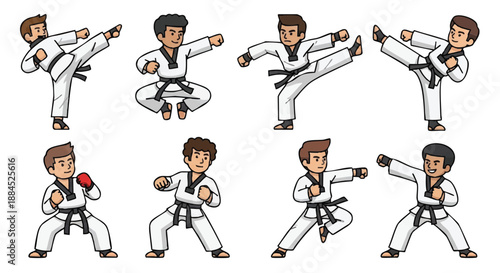 Cartoon illustration of seven taekwondo boys in various fighting poses wearing white uniforms and black belts on a plain white background with a playful and dynamic mood.