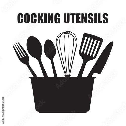 Black silhouette illustration of various cooking utensils contained within a container