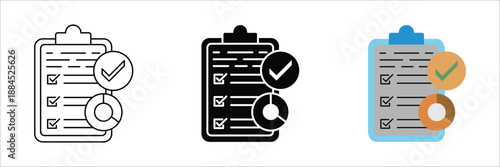 Vector Icon Collection Clipboard Checklist with Checkmark and Magnifying Glass for Task Management and Review