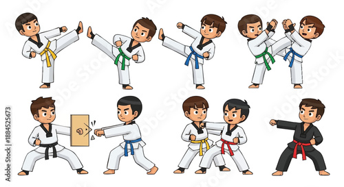 Cartoon illustration of boys practicing various taekwondo poses and movements in different colored belts against a clean white background.