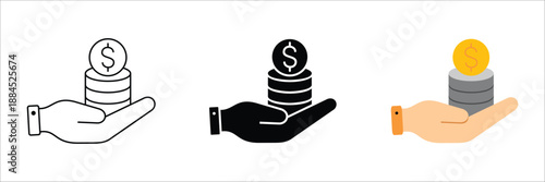 Versatile icon set featuring a human hand holding a stack of dollar coins, symbolizing financial growth, savings, income, payment, or investment success across different design styles