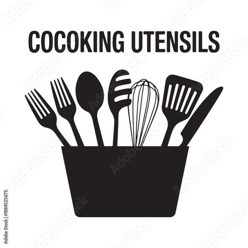 Black and white illustration of cooking utensils in a container simple kitchen design
