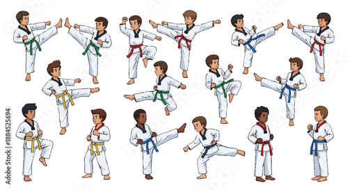 Cartoon illustration of diverse boys practicing various taekwondo poses and kicks in white uniforms with colored belts against a clean white background.