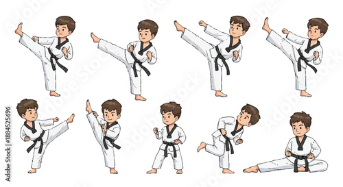 Cartoon illustration of taekwondo boys in various fighting poses wearing white uniforms with black belts on a plain white background.
