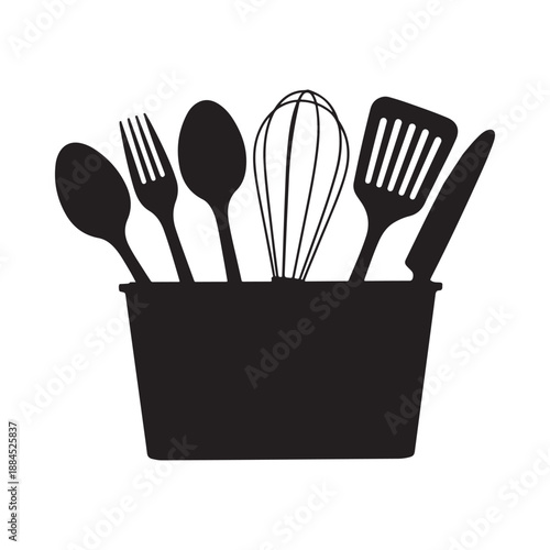 Black and white illustration of cooking utensils in a container kitchen tools collection