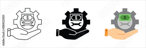 Professional mechanical service and financial solution icon depicting a gear, dollar, and wrench, symbolizing efficient repairs and cost-effective maintenance support for businesses