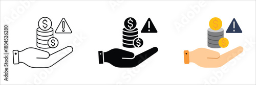 Comprehensive icon set highlighting financial risk, warning about potential monetary problems, investment dangers, and economic instability