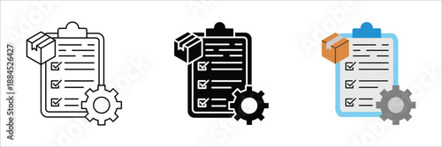 Digital icon depicting efficient process management, delivery logistics, and system configuration through a clipboard checklist, package box, and cogwheel symbol