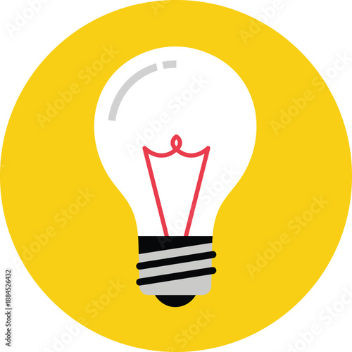 Bright yellow circle with a white light bulb and red filament idea innovation