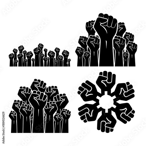 May Day labour unity illustration with raised fists and workers crowd