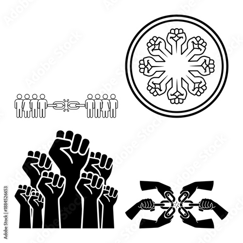 May Day workers rights protest illustration with raised fists