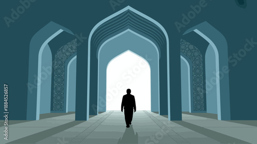 A lone figure walks towards the bright light at the end of a grand arched hallway