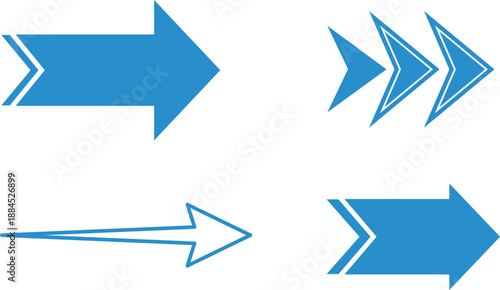 Four blue arrows pointing right on white background with different styles right direction symbols