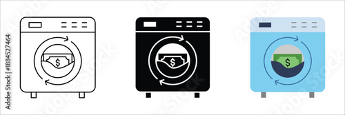 Iconic graphic representing the money laundering process, featuring a dollar bill cycling inside a washing machine, symbolizing illicit financial activities and the purification of illegal funds