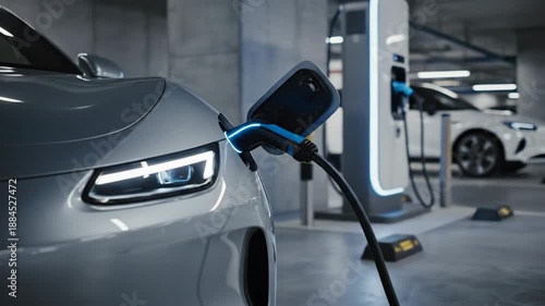 Wallpaper Mural Close-up of a silver electric car being charged at a station with a smartphone on the charger in a modern garage. Torontodigital.ca