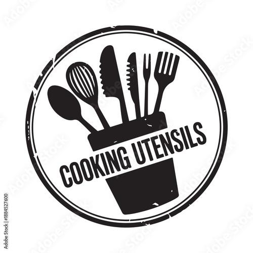A circular stamp design featuring various cooking utensils inside a distressed frame