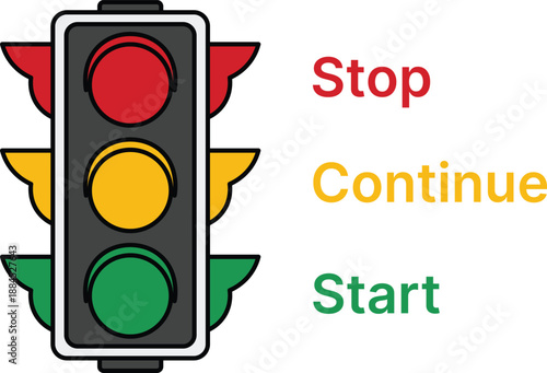 Red yellow green traffic light with stop continue start text