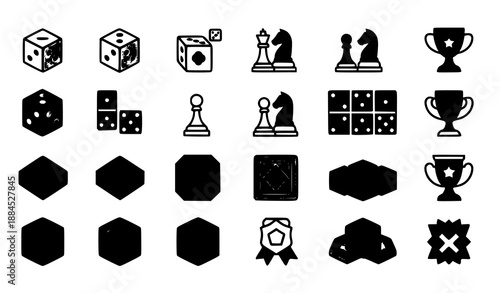 Board game and dice glyph vector icon set isolated on white