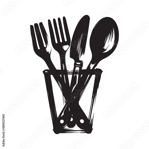 A black and white sketch depicts a fork knife and spoon in a holder