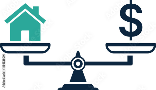 Teal house and dark blue dollar sign on a balance scale