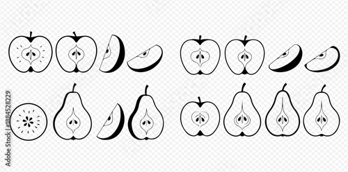 Black and white apple and pear cross-section icons, showing fruit halves and slices, with seeds and core details.
