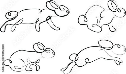 set of icons of rabbits in different poses in line art style with contours of different thickness, for Easter cards, posters or other holiday designs