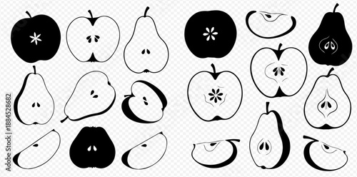 Black and white apple and pear slices with whole fruit silhouettes, healthy food vector illustration.