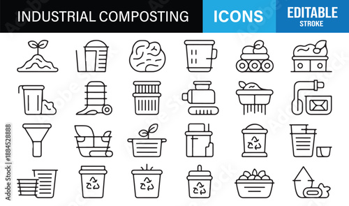 Editable composting and recycling icons in clean linear style