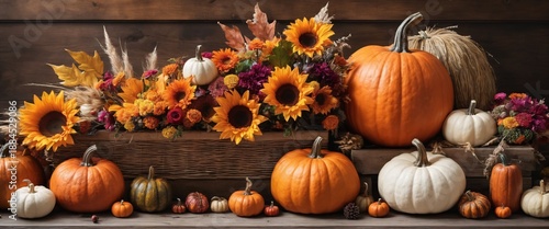 Vibrant Autumn Harvest with Colorful Pumpkins and Fall Flowers