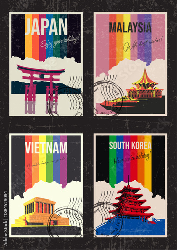 Japan, Malaysia, Vietnam, South Korea Main Attractions Set. Tokyo Floating Gate, Kuching, Ho Chi Minh Mausoleum, Seoul Pagoda Retro Postcard Style Illustrations, 1970s - 1980s Color Lines, Aged Paper 