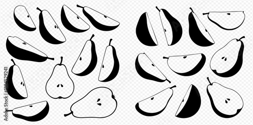 Set of black and white pear fruit silhouettes and outlines, whole and sliced, with seeds, on a transparent background.