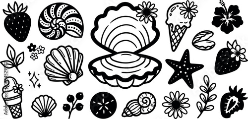 Tattoo flash black line sticker sheet of open shell scallop starfish ice cream cone strawberry floral nautilus berries