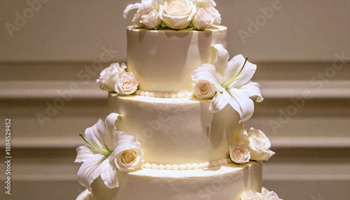 Beautiful white wedding cake with flowers
