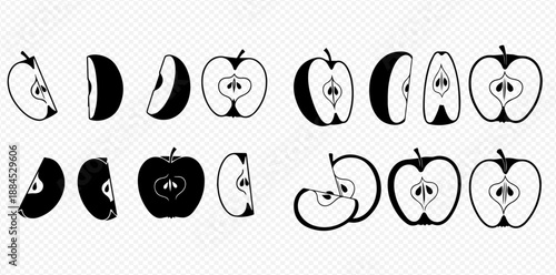 Set of black and white apple icons with whole, half, and sliced fruit illustrations.