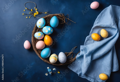 Easter painted eggs on dark blue background.
