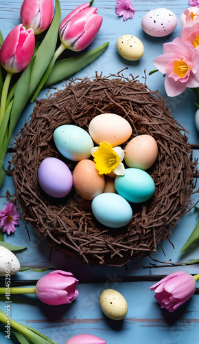 Happy easter. Flowers and eggs in nest