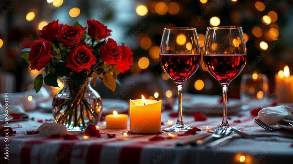 Romantic candlelight dinner table setting with red roses and wine for a ...